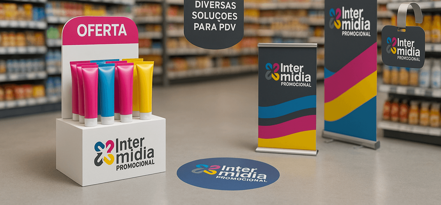 Fundo de ambiente de PDV com materiais promocionais desfocados